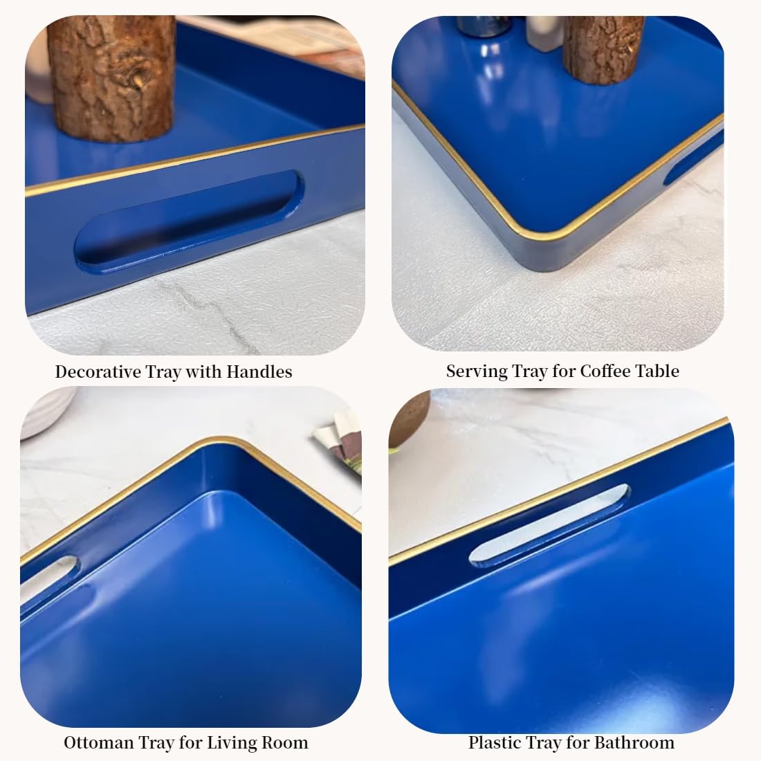 UOEKCS Navy Blue Serving Tray with Handles, Rectangular Decorative Tray for Coffee Table, Plastic Rectangular Tray for Ottoman, Living Room, Bathroom, Home Decor 15.7” x 10.2” x1.37”