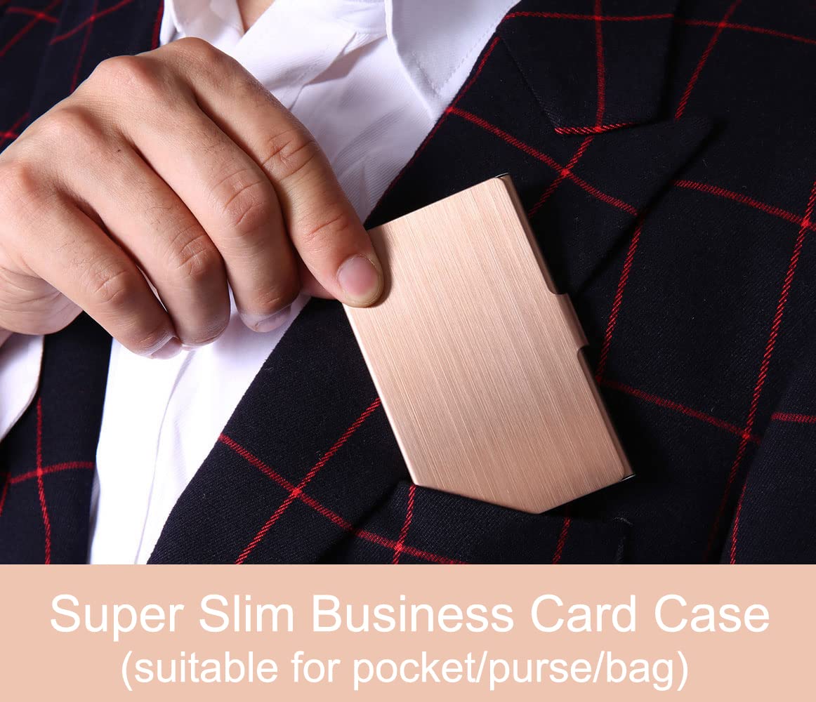 DMFLY Business Card Holder, Slim Business Card Case for Men & Women, Pocket Metal Card Case, Professional Stainless Steel Business Card Holders, Buckle Style Shut, 1PCS Rose Gold and 1PCS Blue