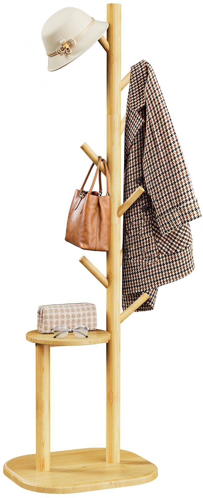 Pipishell Coat Rack, Freestanding Hall Tree with 8 Hooks & Storage Shelf, Solid Wood Base, 66.3″ Tall Coat Rack Stand for Coats, Hats, Bag in Entryway, Bedroom, Living Room, Wood, PIFCR11N