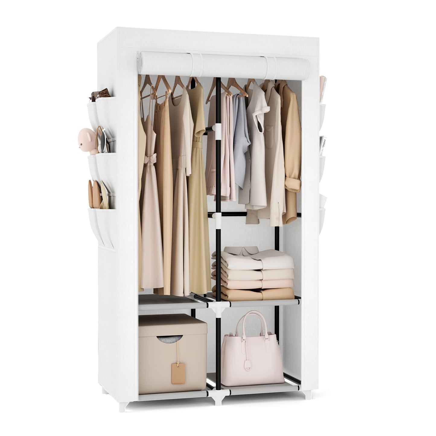 VTRIN Portable Closet Wardrobe Closet for Hanging Clothes with 4 Storage Shelves, 2 Hanging Rods and 6 Pockets, Stable and Easy Assembly Clothes Rack with Cover Free Standing Closet White
