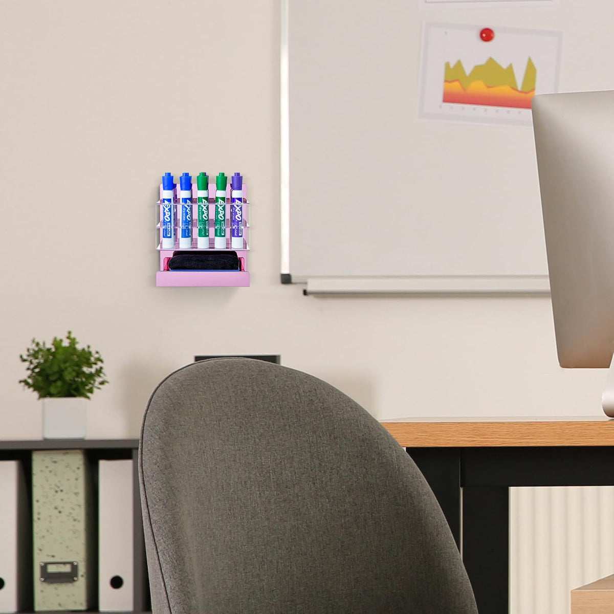 MyGift Dry Erase Marker Holder 10 Slots Whiteboard Marker Holder For Wall Dry Erase Eraser Holder Wall Mount Rose Pink