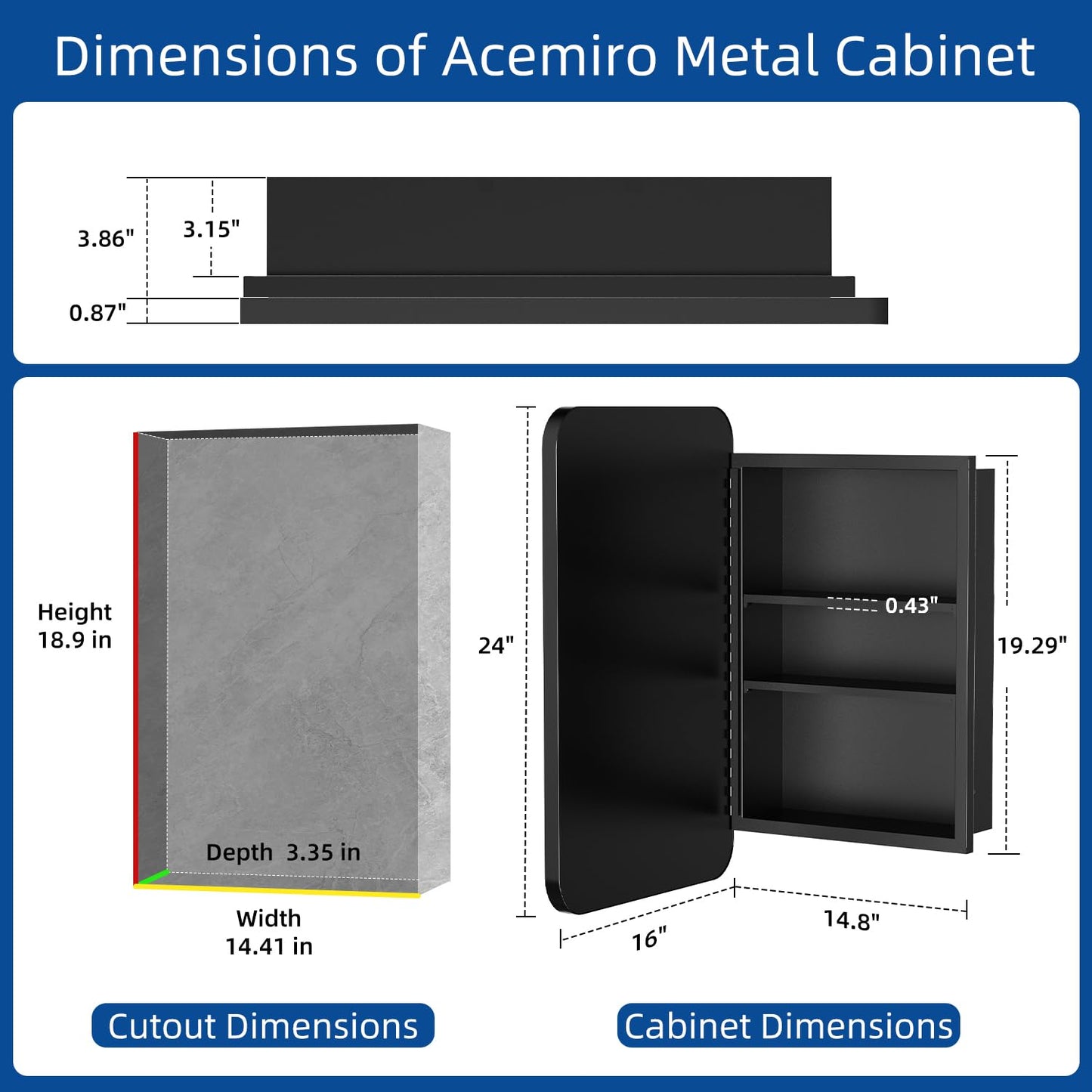ACEMIRO 16x24 Inch Black Mirror Medicine Cabinet Metal Framed Recessed Wall Mounted Bathroom Medicine Cabinet with Mirror and Storage