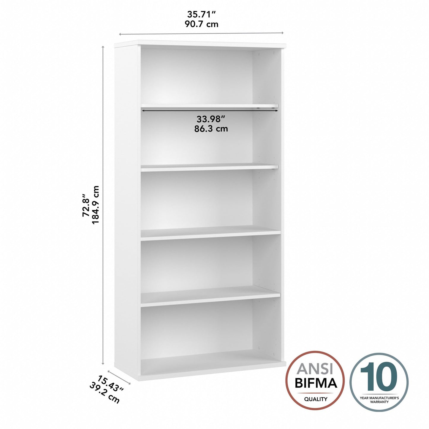 Bush Business Furniture Studio C Tall 5 Shelf Bookcase in White, Large Bookshelf for Home or Professional Office