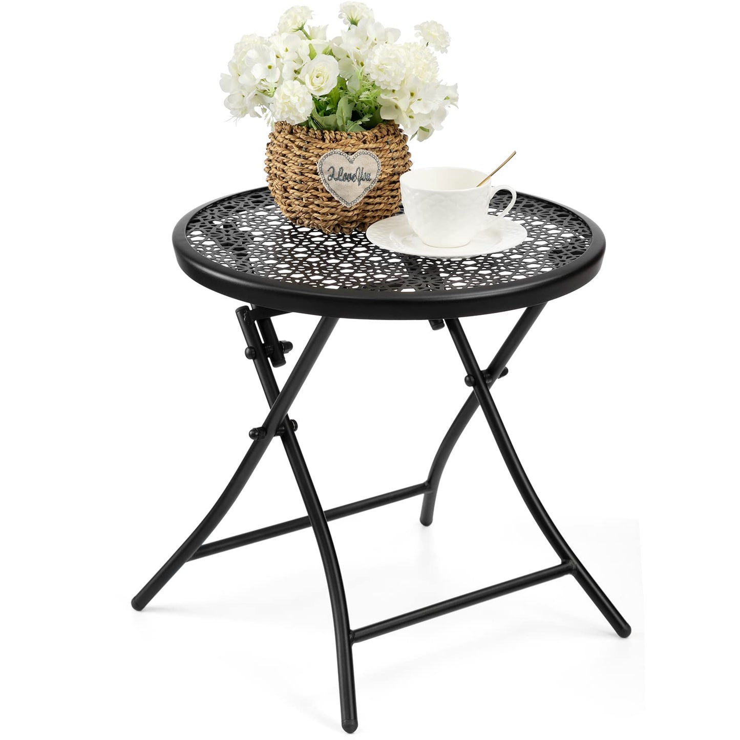 TeoKJ Folding Small Outdoor Side Tables, Anti Rust Small Patio Table Round Metal Nightstand with Flower Cutouts for Porch Yard Balcony Deck Lawn, Black