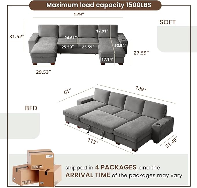 129" Convertible Sleeper Sofa Bed, L Shaped