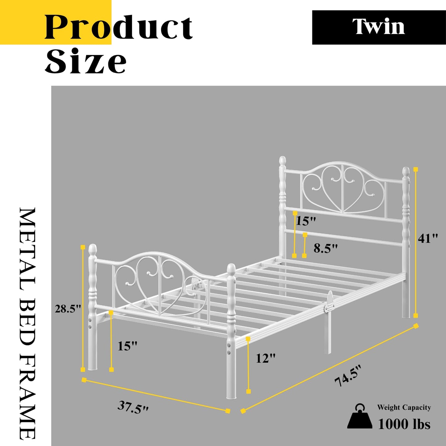 Goltriever 12 Inch Twin Platform Bed Frame with Victorian Style Headboard and Footboard, Heavy Duty Metal Bed Frame No Box Spring Needed, Noise Free, Easy Assembly, White