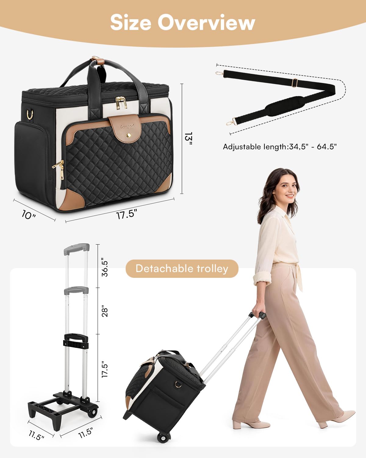 Arcoyard Rolling Teacher Bag with File Teacher Tote and Detachable Trolley, Large Rolling Bag for Work with 17.3 Inch Laptop Compartment, Work Bags for Women, Teaching, Nurse, Craft, Beige Brown