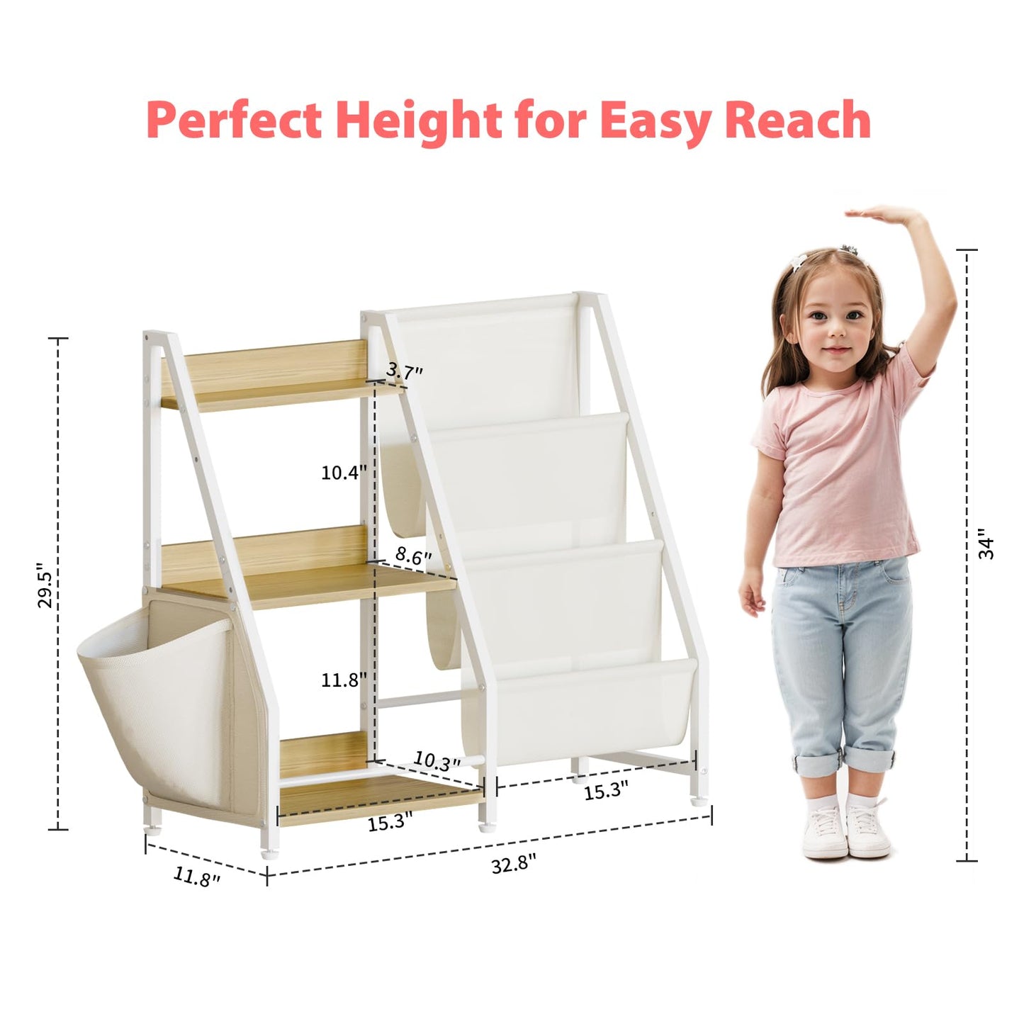 LATIBELL 3 Tier Kids Bookshelf and Toy Storage, Kids Bookcase Book Sling Shelf, Montessori Baby Toddler Bookshelf, Toy Storage Organizer, for Playroom, Bedroom, Nursery (Burlywood)
