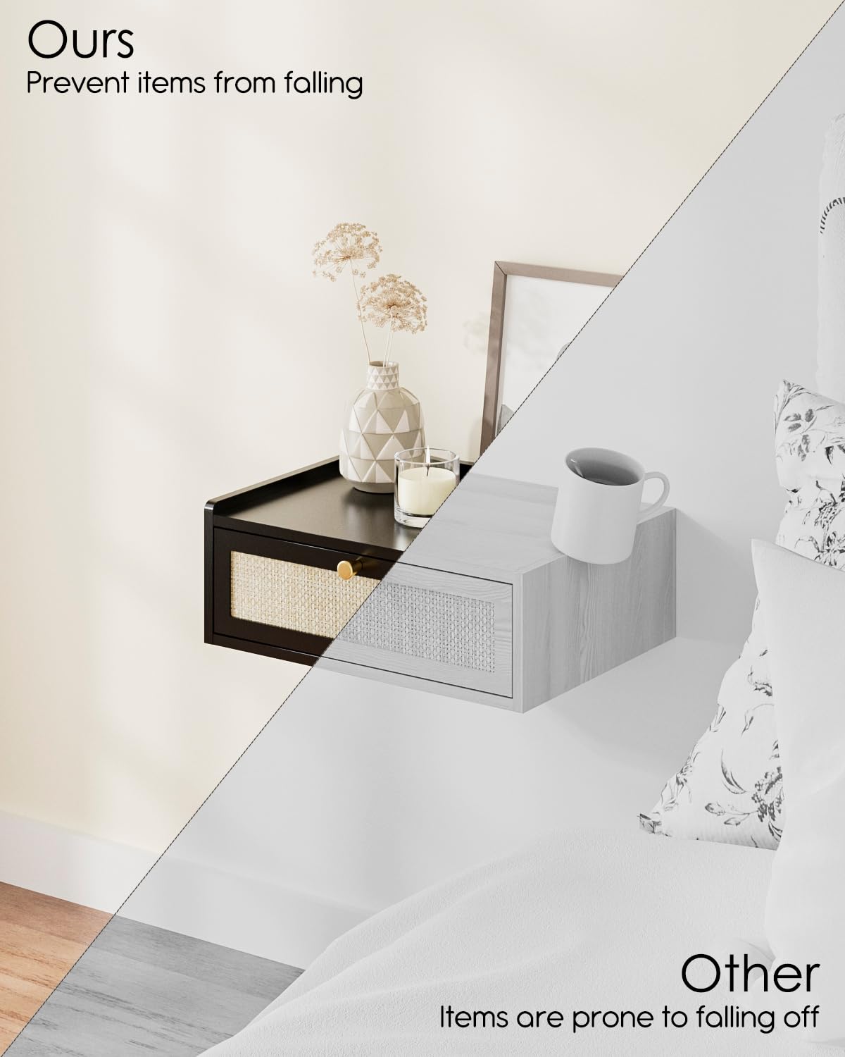 AEPOALUA Floating Nightstand,Wall Mounted Night Stand with Drawer,Small Floating Shelves,Floating Wood Bedside Table for Bedroom、Living Room、Bathroom (Bohemian, Black.)