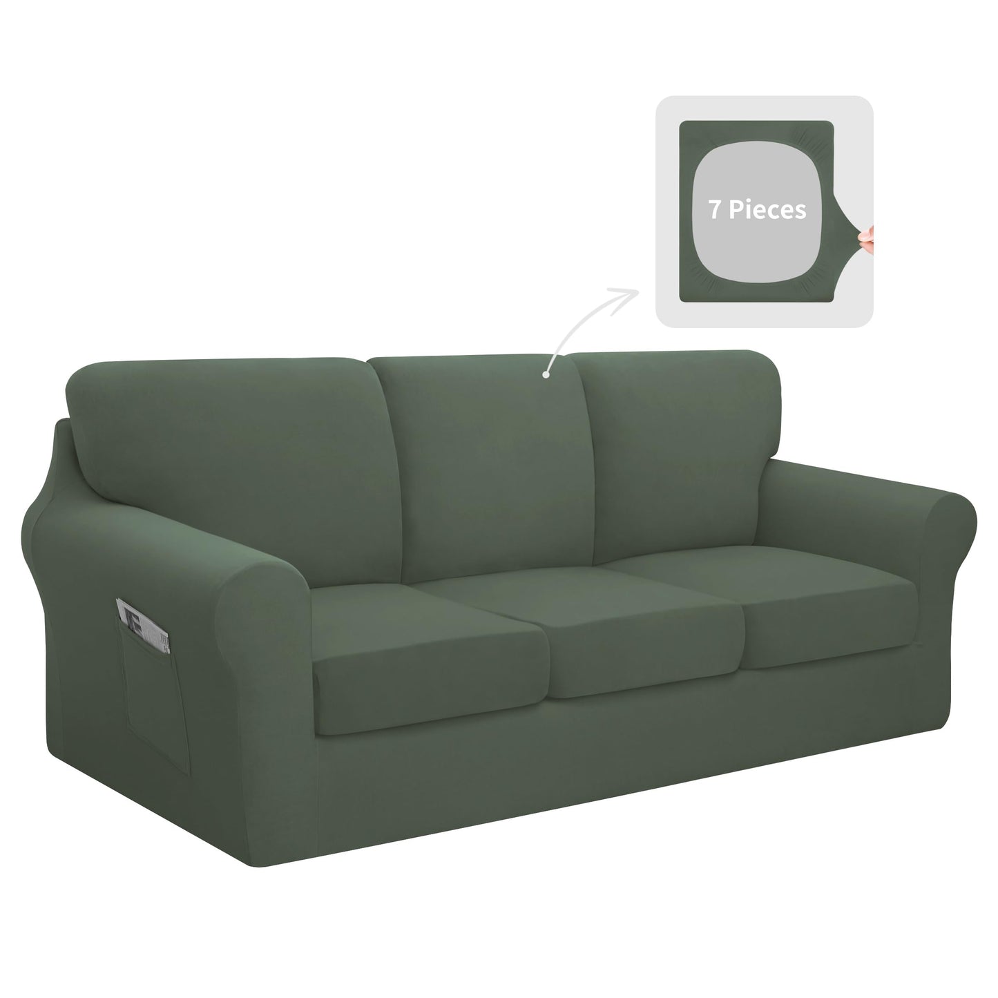 Easy-Going 7 Pieces Stretch Couch Cover Washable Sofa Cover Set for 3 Backrest and Seat Cushion Couch Anti-Slip Sofa Slipcover Furniture Protector with Elastic Bottom (Large, Grayish Green)
