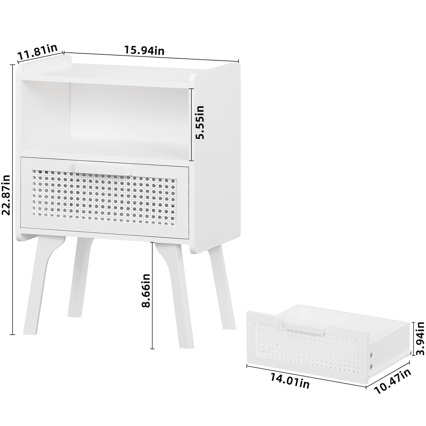 Lerliuo Rattan Nightstands Set of 2, Side Table with Drawer Open Shelf, Cane Accent Bedside End Table with Solid Wood Legs, Mid Century Modern Night Stand for Bedroom, Dorm and Small Spaces (White)