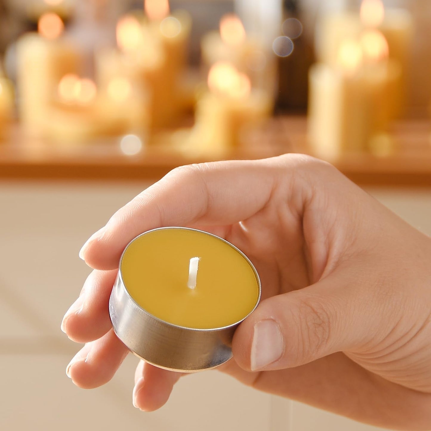 100-Pack Pure Beeswax Tealight Candles in Aluminum Cups - 4-5 Hour Burn Time, Lead-Free Cotton Wick, Natural Unscented Candles