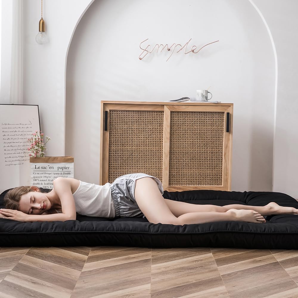 MAXYOYO Japanese Floor Mattress Futon Mattress, 4" Thicken Tatami Mat Sleeping Pad Foldable Roll Up Mat Boys Girls Dormitory Pad Kids Floor Lounger, Black, Twin Size