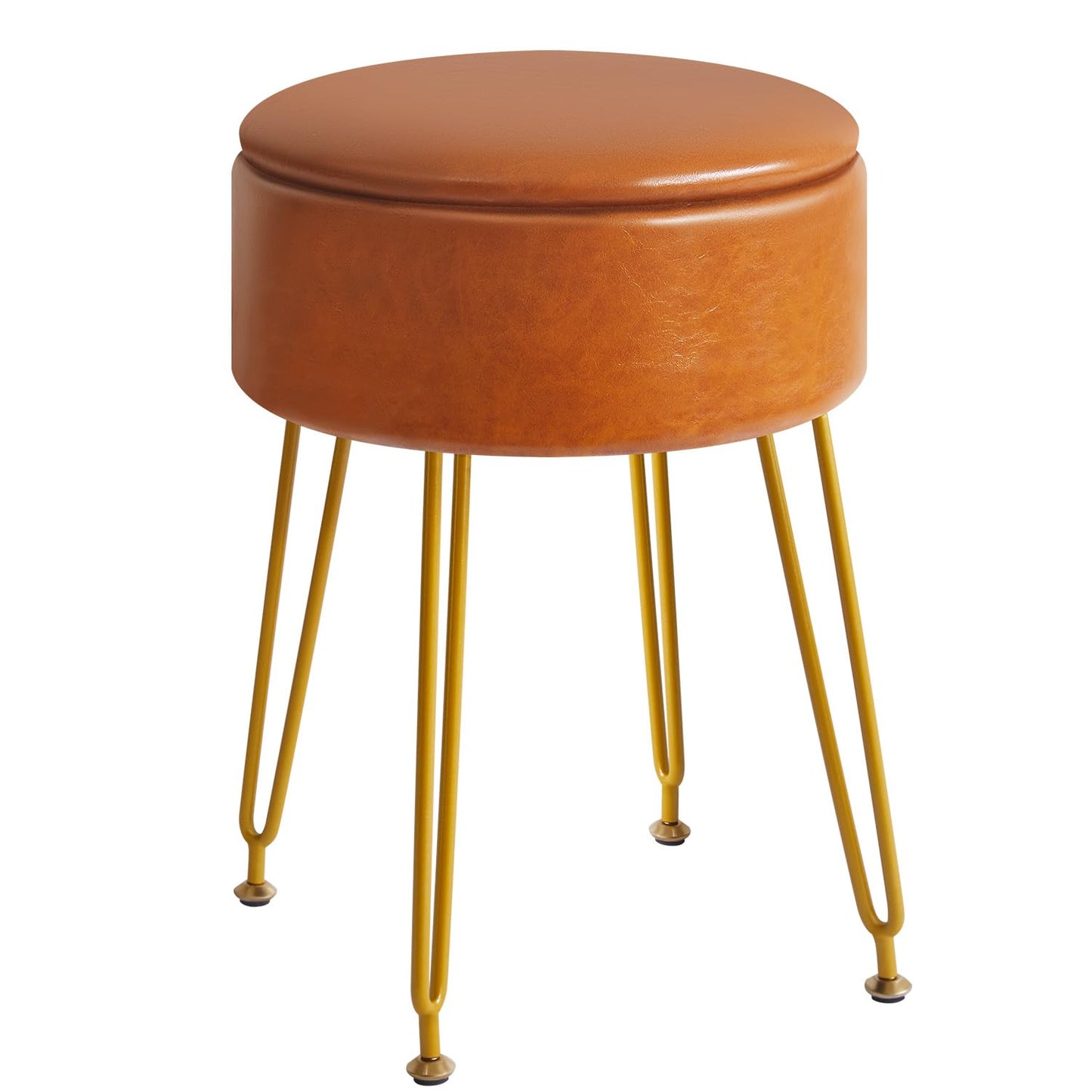 IBUYKE Faux Leather Round Footrest Stool with Storage Ottoman, Makeup Vanity Chair Side Table, PU Dressing Table Seat, Removable Cover, Golden Steel Legs, Light Brown WBD024J