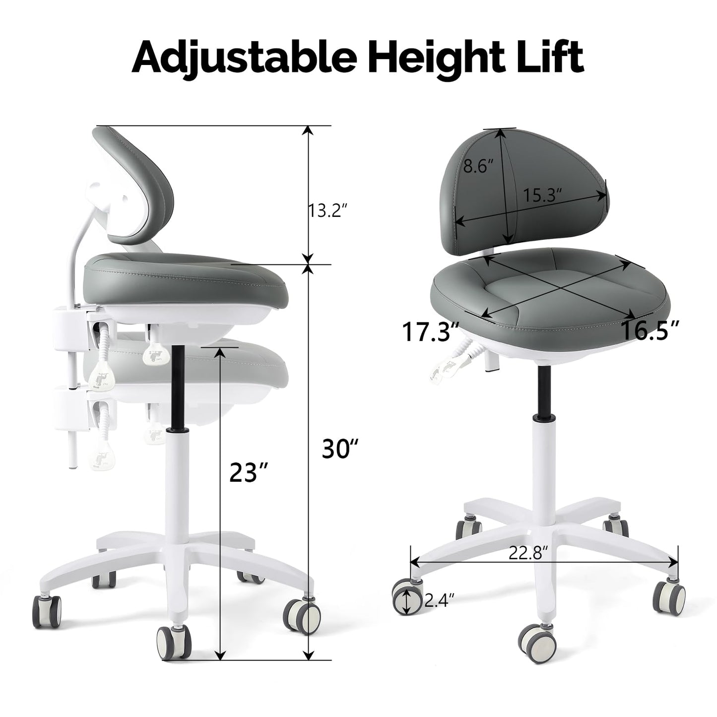 JMU Dental Stool, Adjustable Height Rolling Stool with Backrest, 350lbs Load Capacity Microfiber Leather, for Medical Clinic Lab Tattoo Salon, Grey