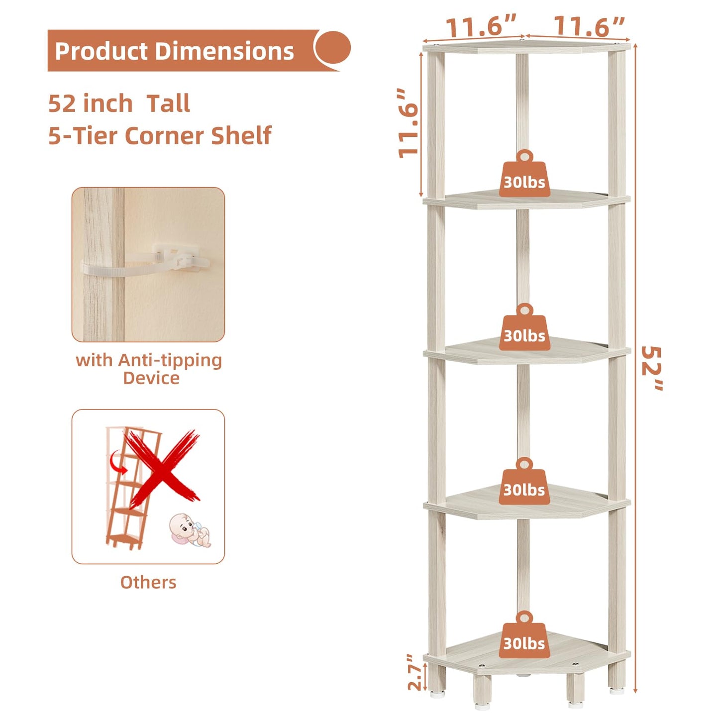 YUFAM 5-Tier Corner Shelf with Sturdy 5-Leg Base, Wooden Corner Bookshelf for Small Spaces, Corner Standing Shelf for Living Room, Bedroom, Office, Grey White