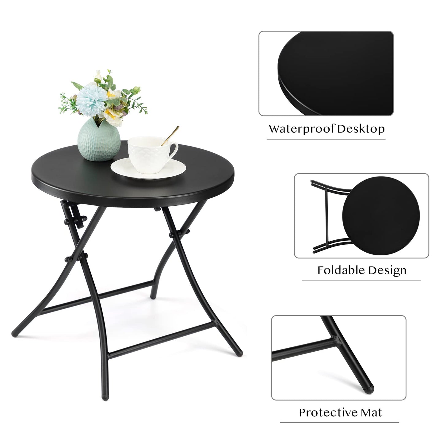 Outdoor Side Table, Folding Round Metal End Table, Weather Resistant Small Patio Accent Table for Porch Yard Balcony Deck (All Black)
