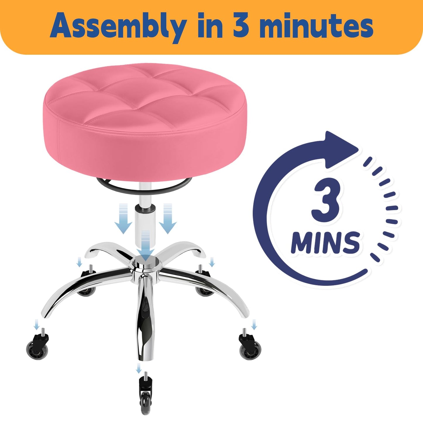 YEEZEE Rolling Stool Heavy Duty 400lb: Super Soft Leather Seat Cushion, 360 Swivel, Height Adjustable 19.7"-25.3", No Squeaky Noises, No Tip Over, Salon & Spa Stool, Pink