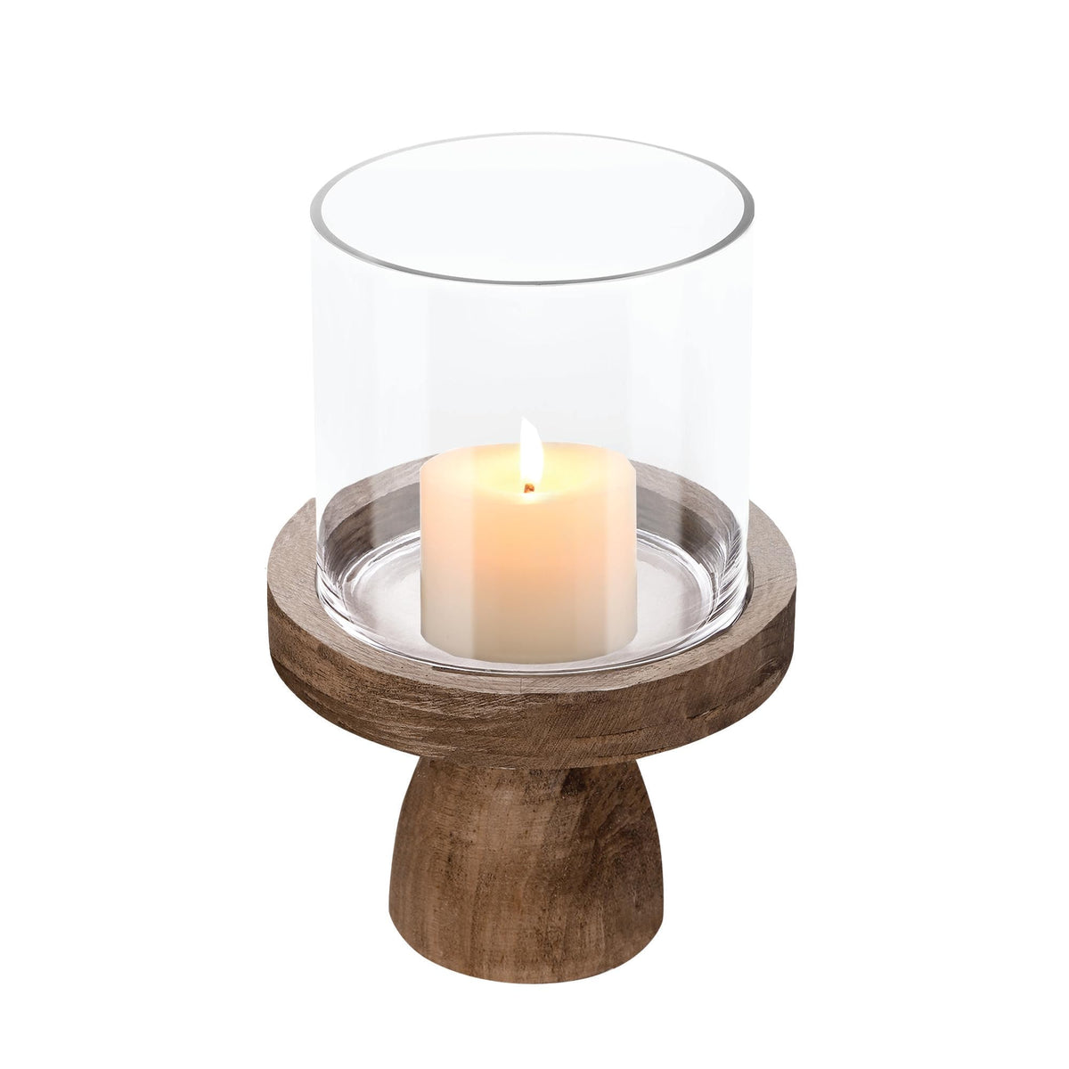 7" Wide Farmhouse Glass Hurricane Candle Holder & Glass Vase with Vintage Natural Sturdy Solid Wooden Base for Pillar & Flower Arrangement, Terrarium, Centerpiece, Console Table, Dining Table, Mantel
