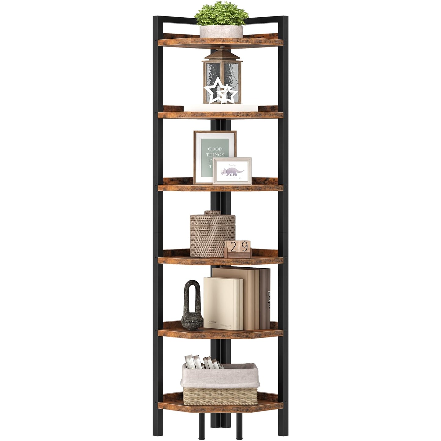 CHOEZON 6-Tier Corner Shelf, Tall Corner Bookshelf, Freestanding Storage Stand, Display Shelving for Living Room, Bedroom, Home Office, Rustic Brown and Black TCJ39BF