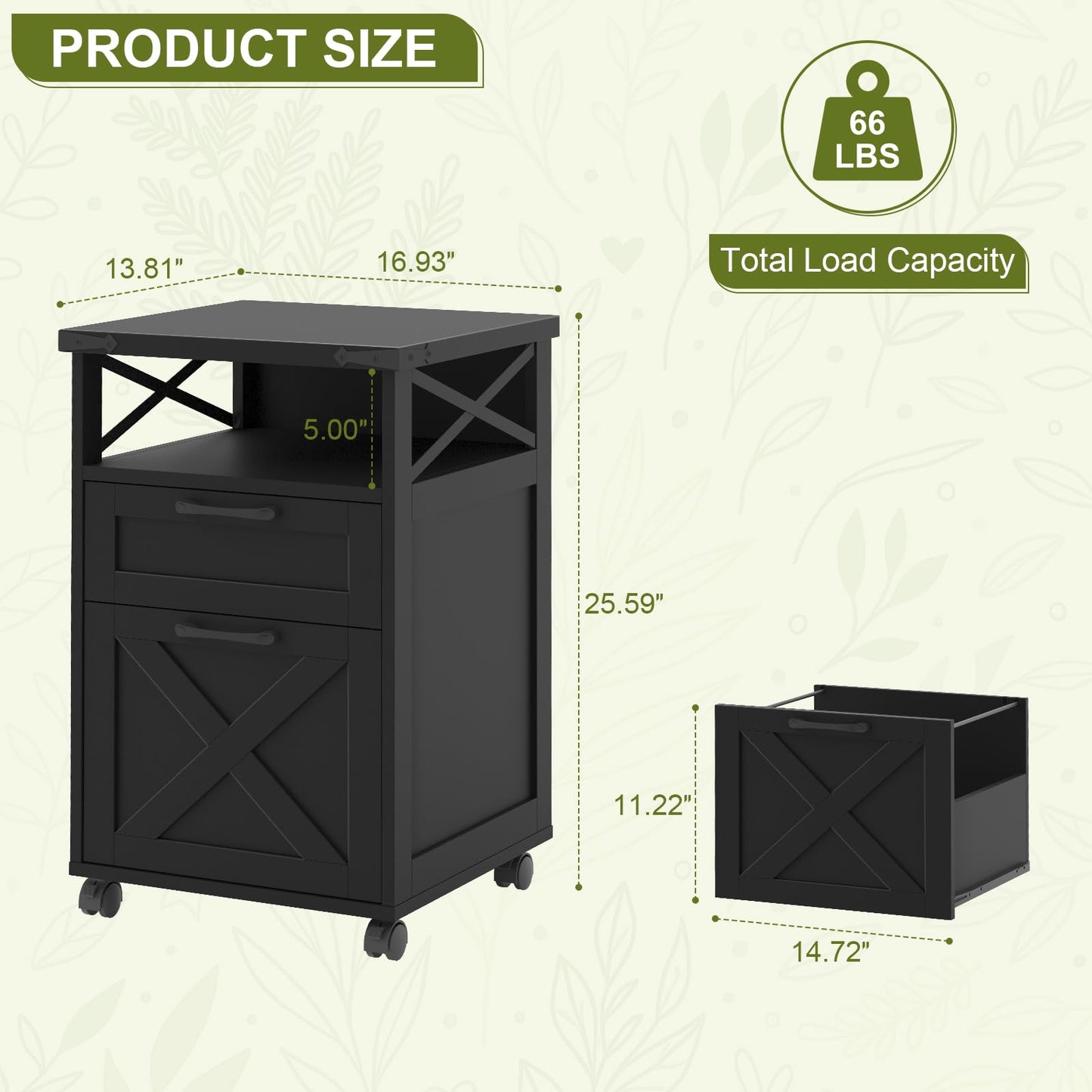 Farmhouse Filing Cabinet with Open Storage Space & Wheels,Printer Stand for Hanging A4/Files Letter,Office Filing Vertical Cabinet with 3 Drawers,Under Desk Storage Cabinets for Home Office.Black