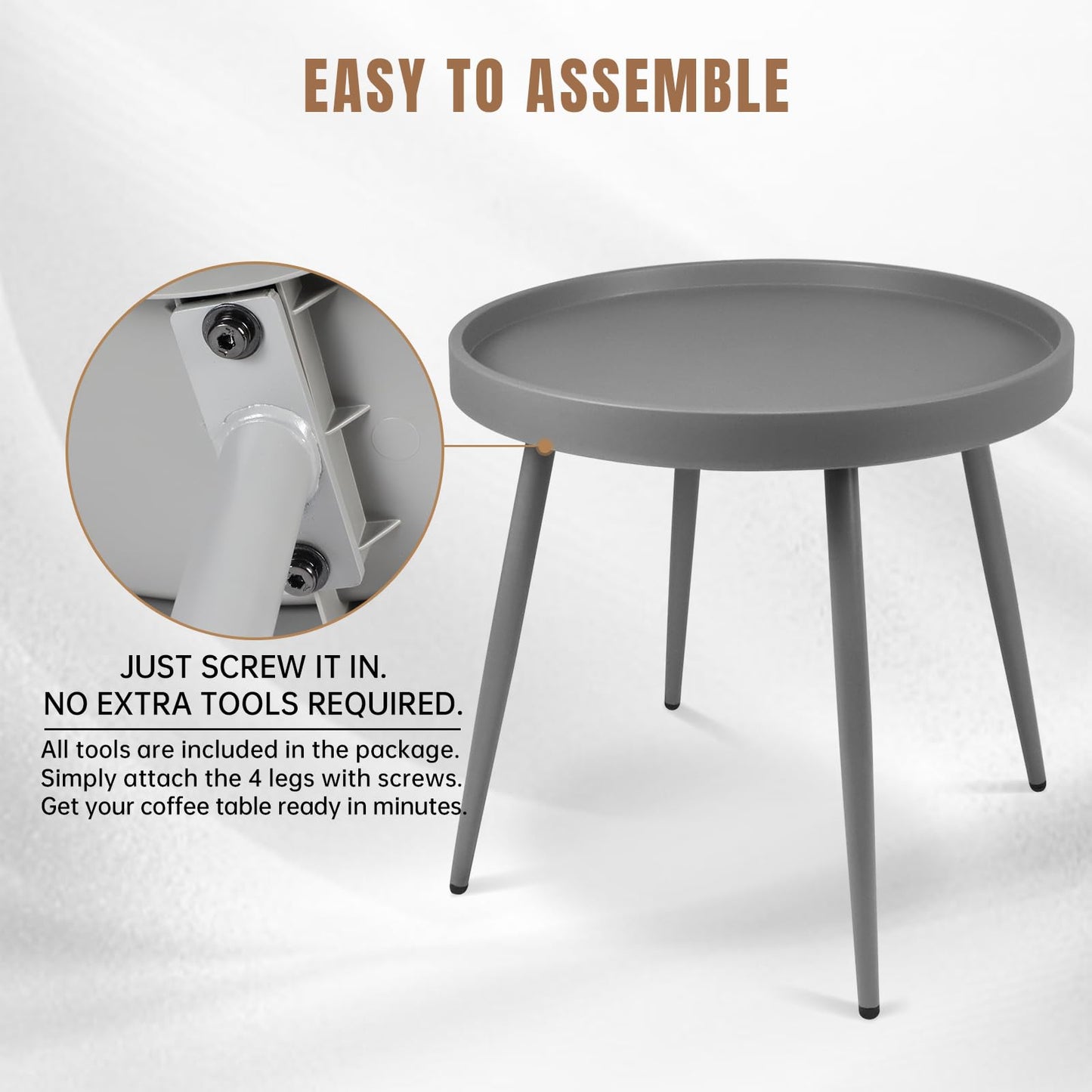 CHAIRABLE 20" Round Side Table, Plastic Top, Iron Frame, Waterproof, Gray