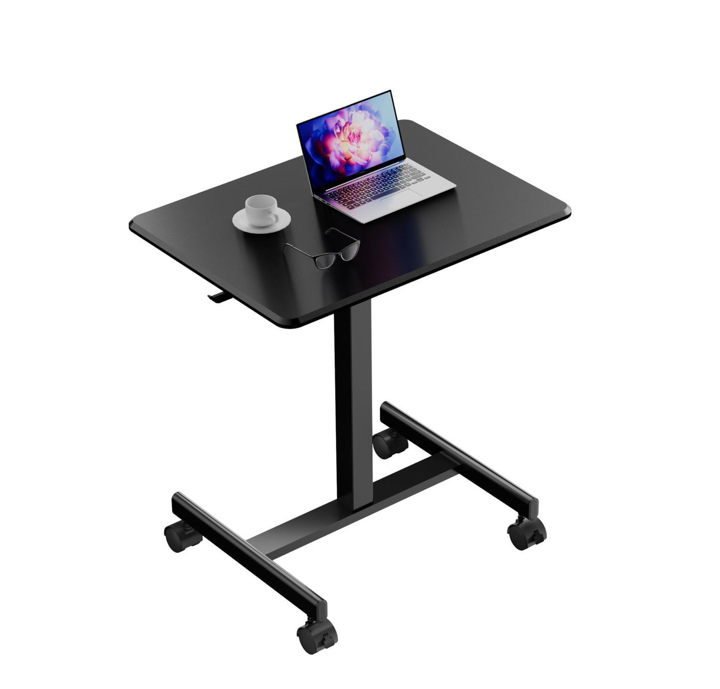 JUNHEDAMAI Mobile Standing Desk Adjustable Height, Portable Rolling Laptop Desk with Lockable Wheels and Hook, Sit Stand Up Desk, Standing Rolling Cart Desk with Gas Spring for Home, Office, Hospital