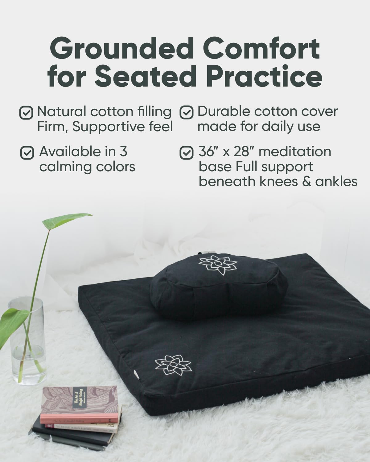Mindful Modern Zabuton Meditation Mat - Cotton Filled Yoga and Meditation Pad - Zabuton Meditation Cushion for Kneeling and Sitting Support - Large Rectangular Sitting Floor Pillow for Bench or Zafu