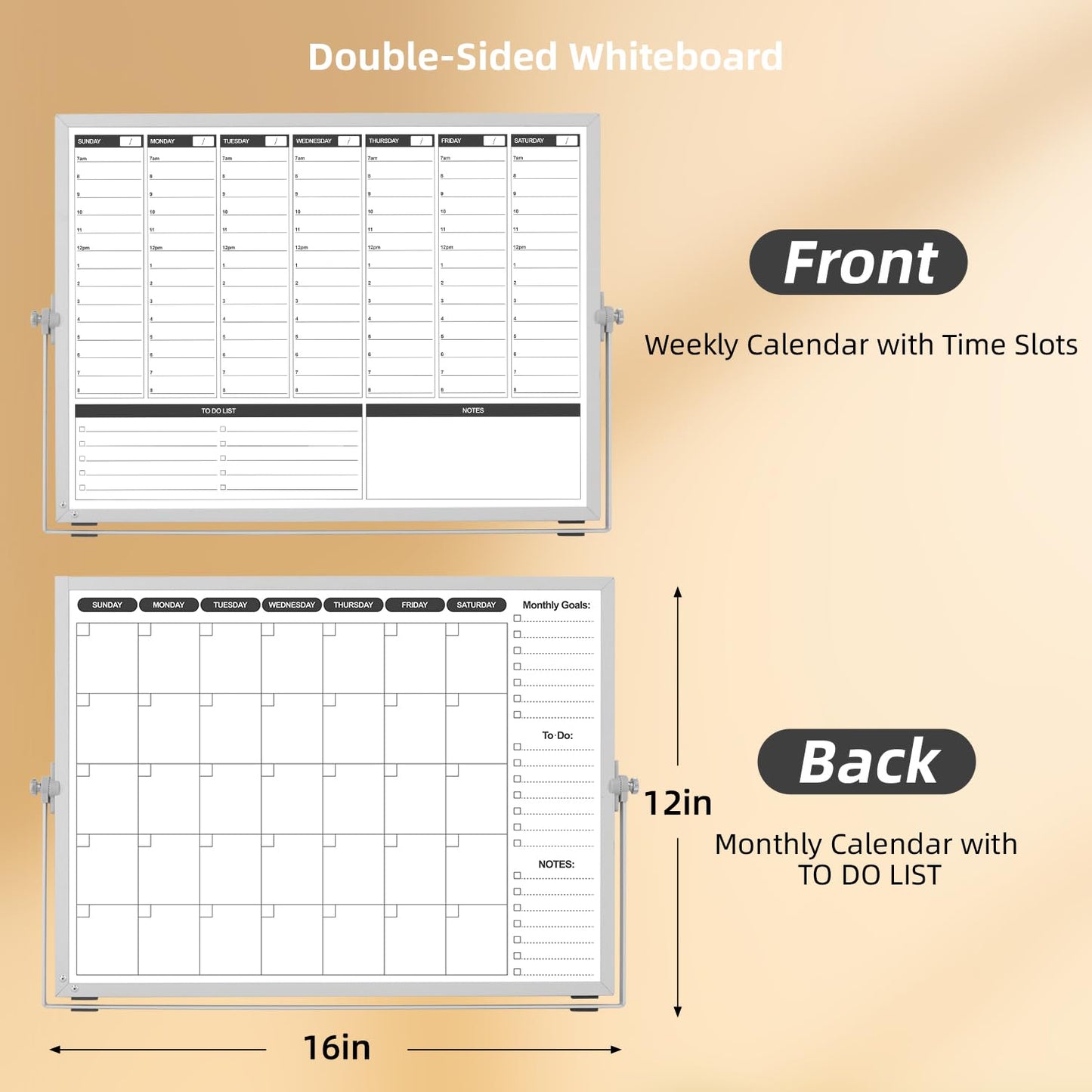 KODAPAGE Planning Boards,White Board Dry Erase Calendar with Stand,Double-Sided Weekly Calendar Schedule Board with Time Slots&Monthly Planner with to DO List for Desk and Wall 16"×12"(1 Pack)