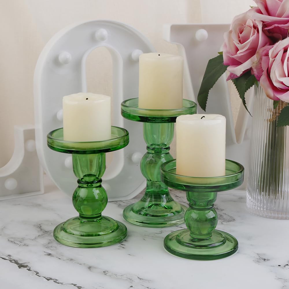 BTGLLAS 6-Piece Set of Green Glass Candlestick, Crystal Candlestick Holder Holder and Conical Candle, Christmas Candle Holder Decoration, Family Living Room Wedding Candle Holder (green2sets)