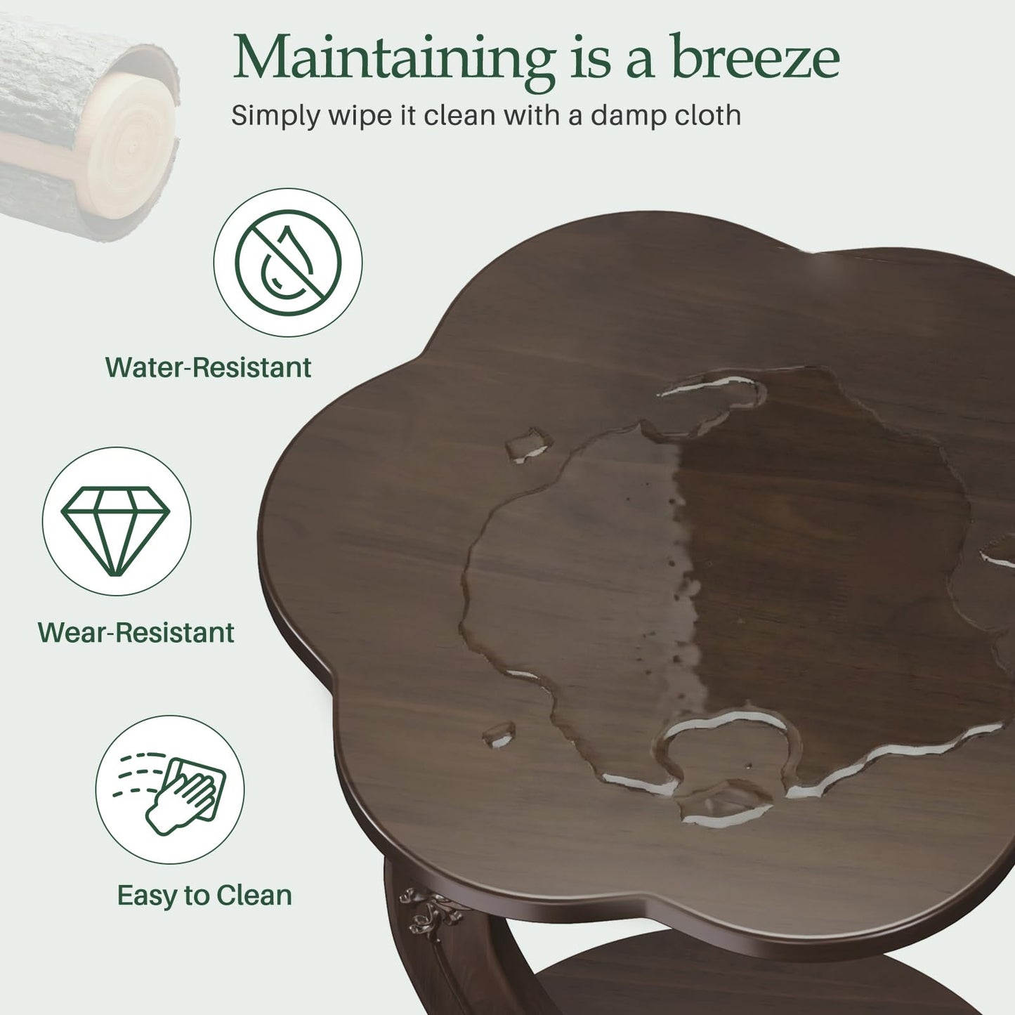 MYOTA C-Shaped End Table for Couch - Round Small C Side Table, Flower Handmade Wood Sofa Couch Tables That Slide Under Bedside, Saving Space Wooden Tray for Living Room, Small Space, (Dark Walnut)