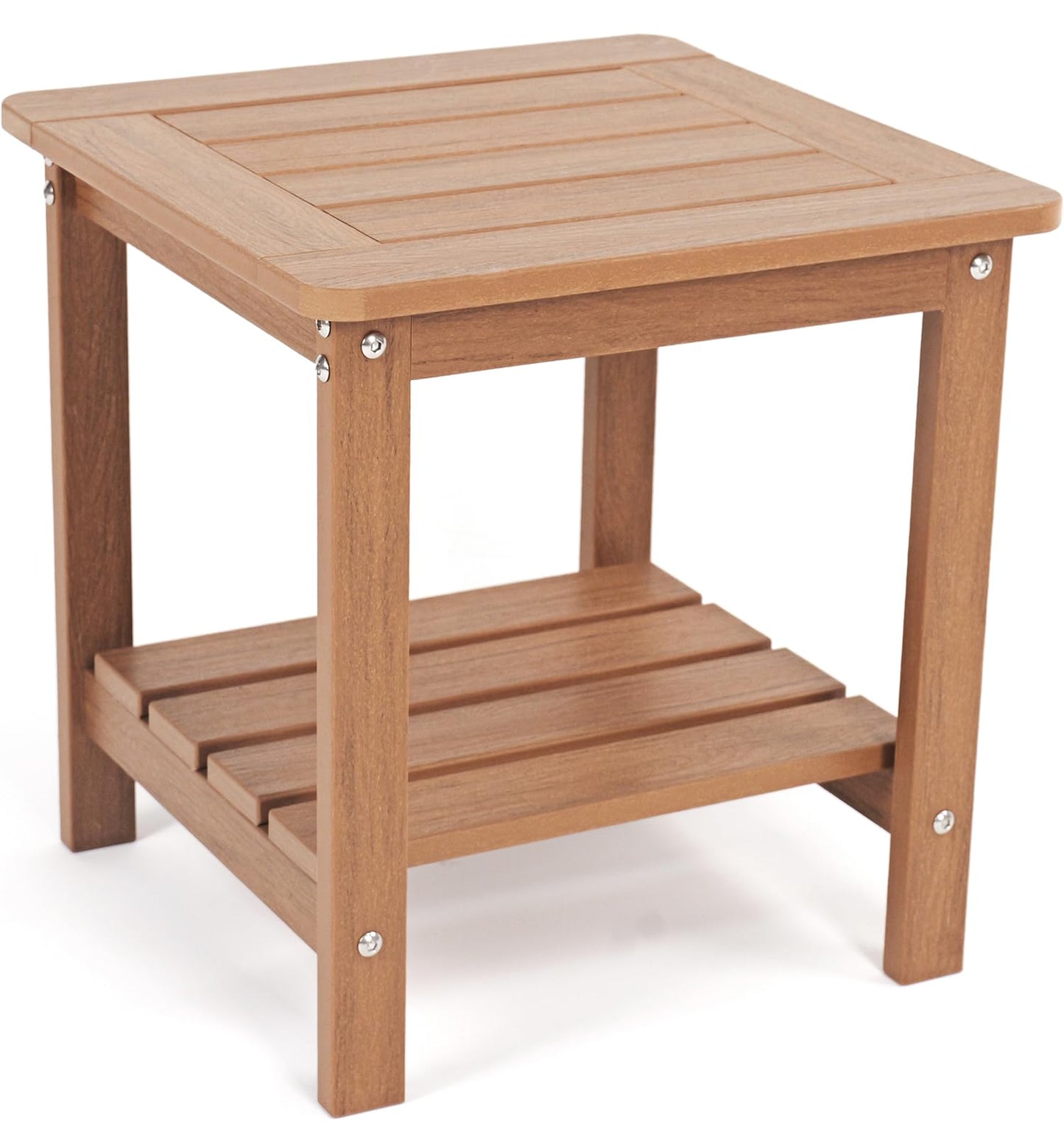 Kibaso-Adirondack Outdoor Side Table, 2-Tier HDPE Outdoor End Table, Weather Resistant Easy Maintenance, Small Patio Side Table for Patio, Pool, Porch, Garden, Lawn, and Living Room (1, Rustic Teak)
