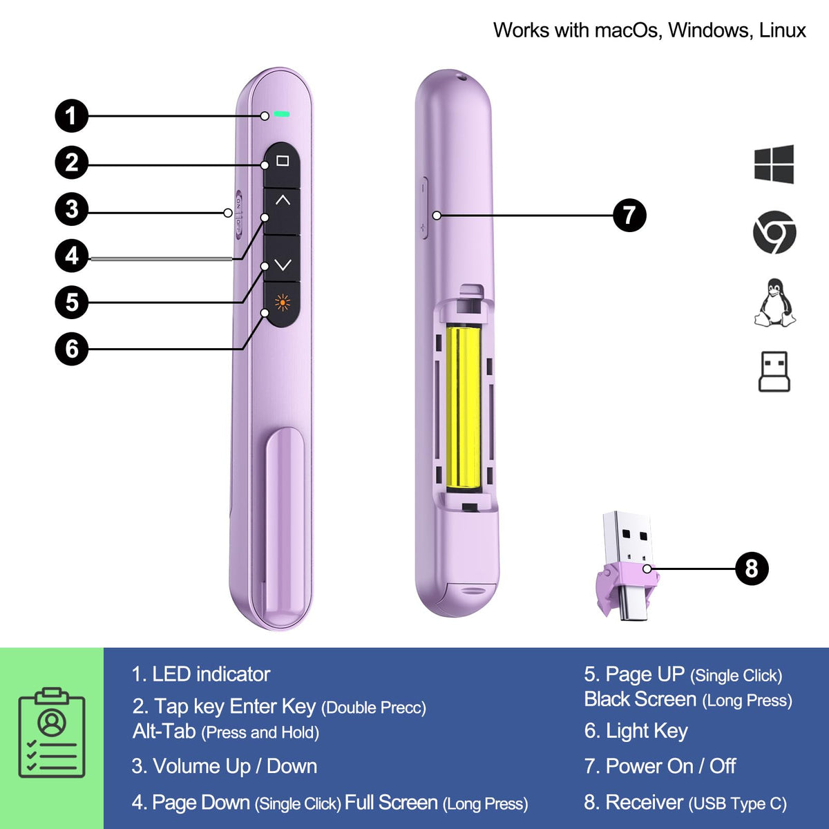 QUI 2 Pack Presentation Clicker, Hyperlink Volume Control Wireless Presenter, RF 2.4GHz USB Presentation Remote Control,PowerPoint Clicker Slide Advancer for Computer, Laptop, Mac (USB Type-c, Purple)
