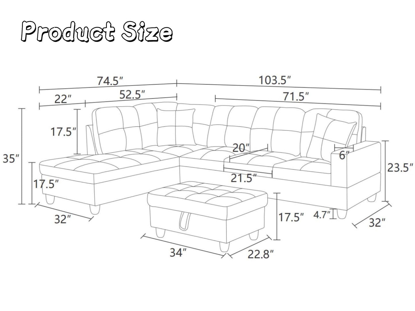 Trygoal 103.5" Sectional Couches for Living Room, Leather 4 Seat L Shaped Couch with Chaise, 3-Piece Modular Sofa with Storage Ottoman, Home Furniture Sets for Apartment Office, Black Grey