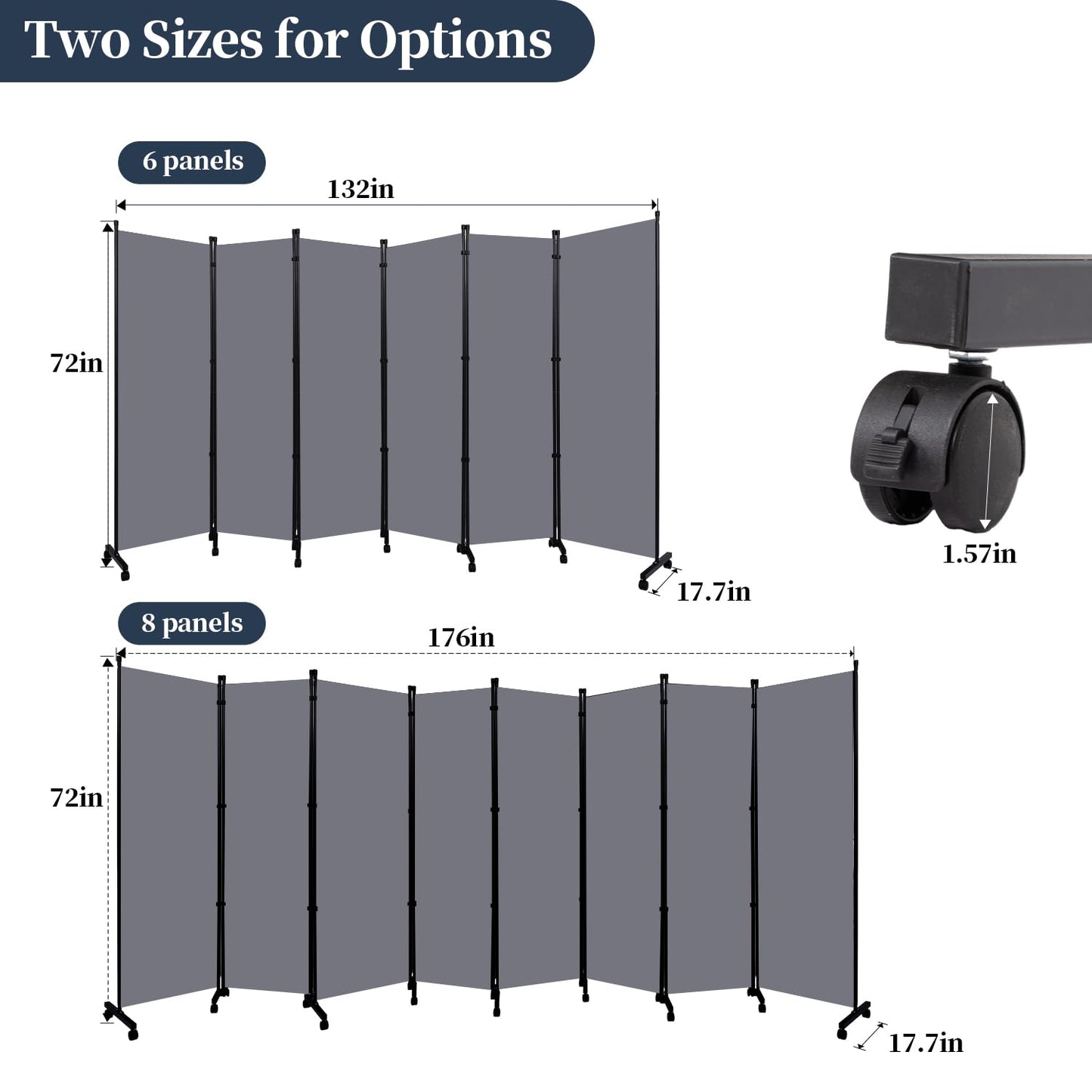 Room Divider Folding Privacy Screens with Lockable Wheels, 176'' Fabric Partition Room Dividers Freestanding Room Divider Panel for Room Separation, Wall Divider for Home Office Bedroom Studio Decor