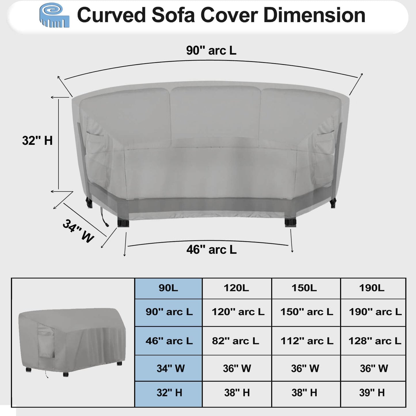 OutdoorLines Waterproof Curved Outdoor Sectional Cover - UV Resistant Windproof Patio Sectional Sofa Covers for Deck, Lawn and Backyard, Heavy Duty Furniture Covers (90Lx34Dx32Hx46FL, Grey)