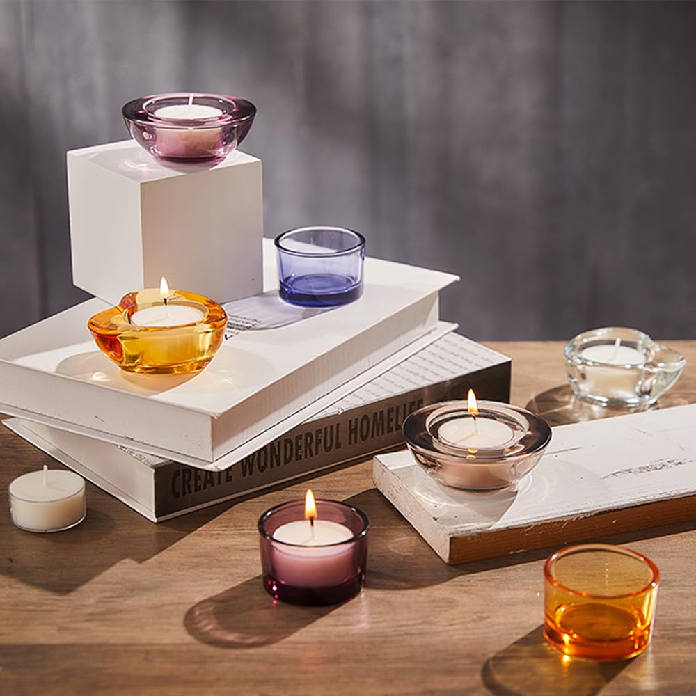 Elivia Gold Tealight Candle Holders - Set of 12, Heart-Shaped Chunky Glass Candle Holder, 2.9" Diameter - CH02 - Rusty Orange