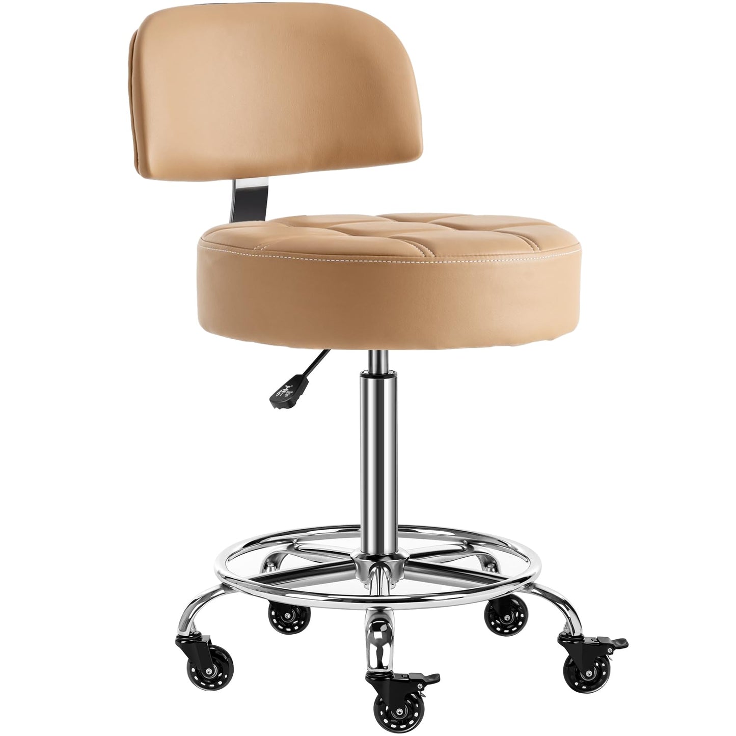 CoVibrant Lockable Stool with Back and Foot Rest Ergonomic Rolling Hydraulic Adjustable Stool for Doctor Esthetician Artist Home Small Office Desk (Camel, 24''-31'')