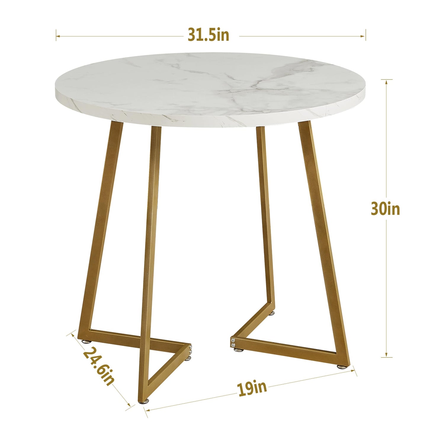 VECELO Round Dining Room Table with Wood Grain Tabletop and Steel Frame, for Kitchen, Living Room, Office, Conference, 2 to 4 Person, White & Gold