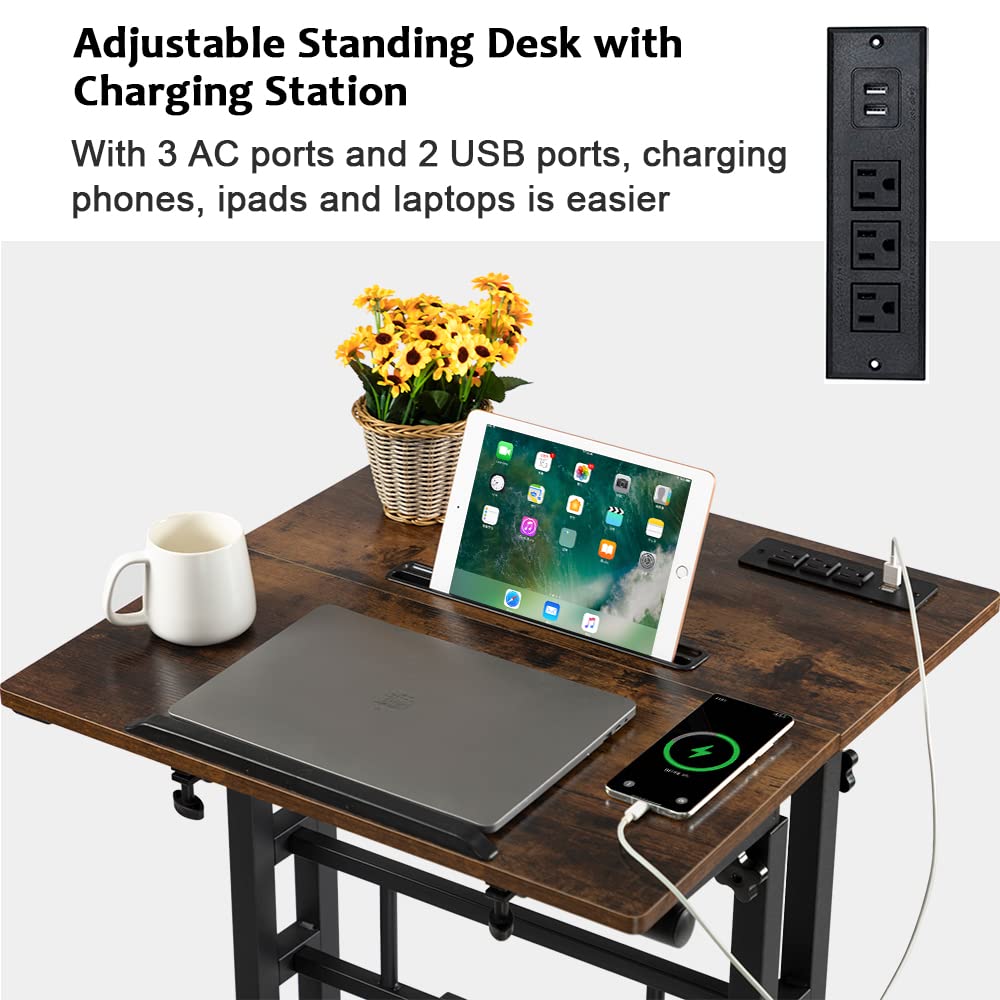 Hadulcet Mobile Standing Desk with Wheels, Rolling Desk Adjustable Height, Portable Laptop Table with Charging Station, Sit Stand up for Home Office, Study, Classroom, Rustic Brown