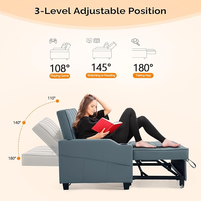 VINGLI Convertible Loveseat Sleeper Sofa, Cup Holders, Armrest