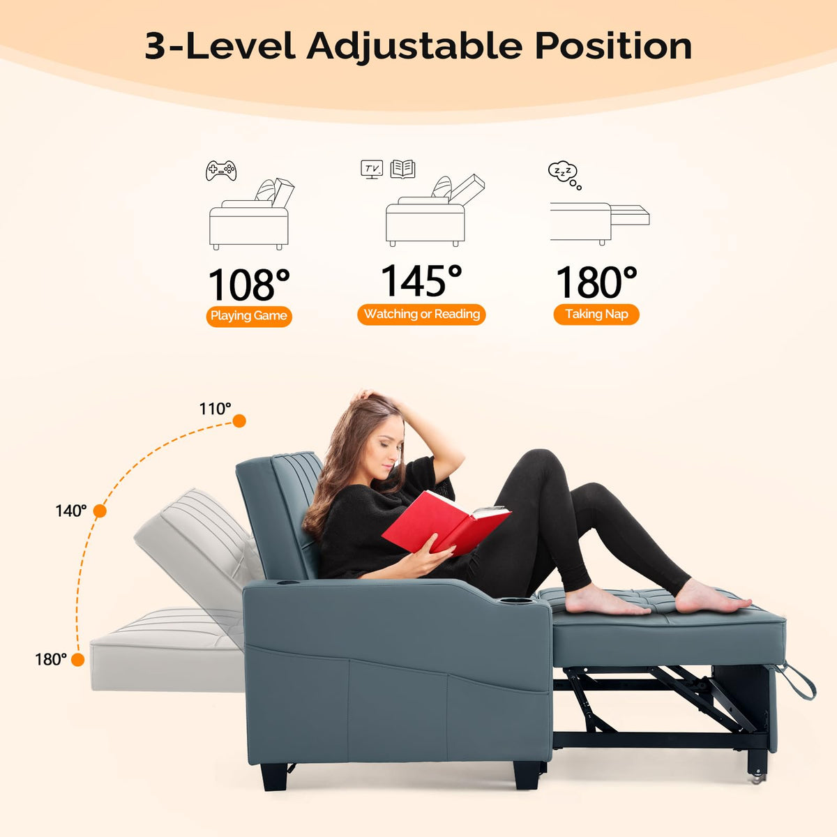 VINGLI Blue Grey Futon Sofa Bed Convertible Loveseat Sleeper Couch, Faux Leather Pullout Sofa Fold Out Couch Bed with USB Ports, Cup Holders, Armrest for Living Room, Bedroom Apartment Room