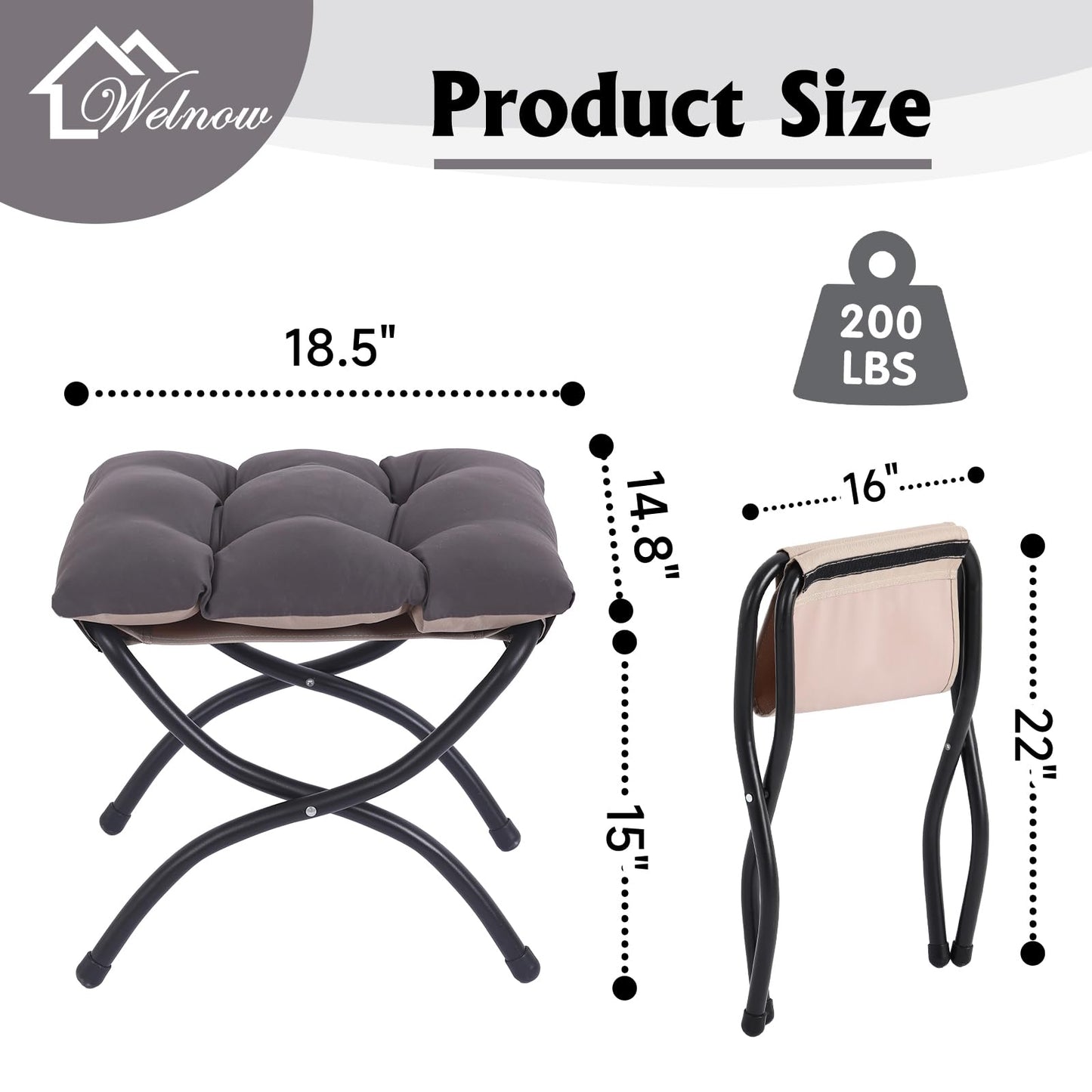 Welnow Folding Foot Stool, Upholstered Small Accent Ottoman with Detachable Thick Cotton Cushion Padded Sofa Stool and Metal Frame for Lazy Chair, Living Room, Bedroom, Dark Grey