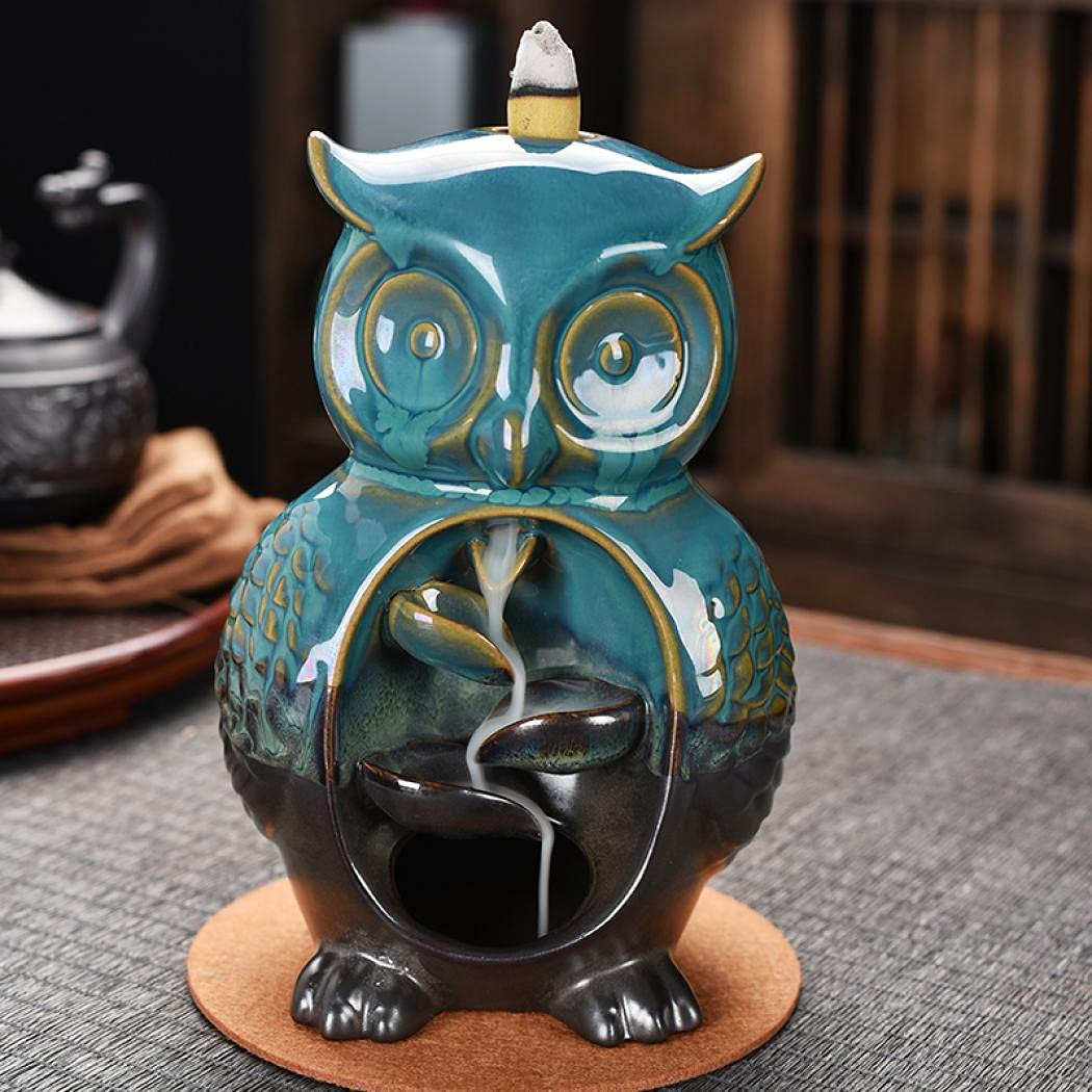 Backflow Incense Burner Holder Owl Shape Waterfall Porcelain Incense Holder Home Decor with Incense Cone Sticks Holder Incense Sticks Backflow Incense Cones Mat Tweezer Gift Set