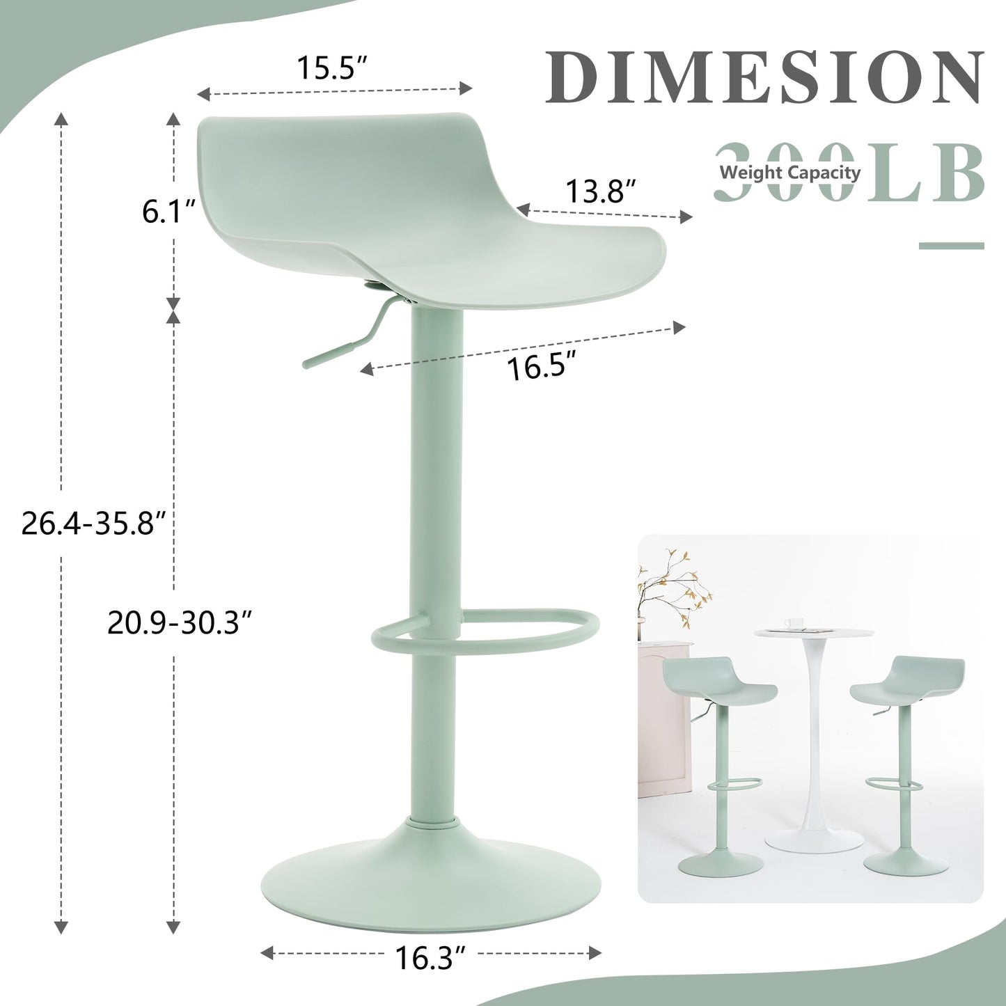 YOUNIKE Adjustable Height Bar Stools Set of 2 Plastic Swivel Barstool with Low Back Modern Kitchen Counter Island Bar Chairs for Breakfast Nook Cafe Bars Office Mint Green