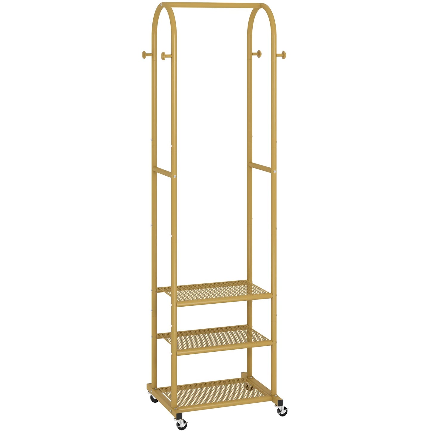 Kaitiemoo Heavy Duty Clothing Rack With Wheels,Modern Garment Rack With 3 Metal Shelves, 71.8Inches Display Rack For Hanging Clothes, Hanging Rod For Small Space,Gold