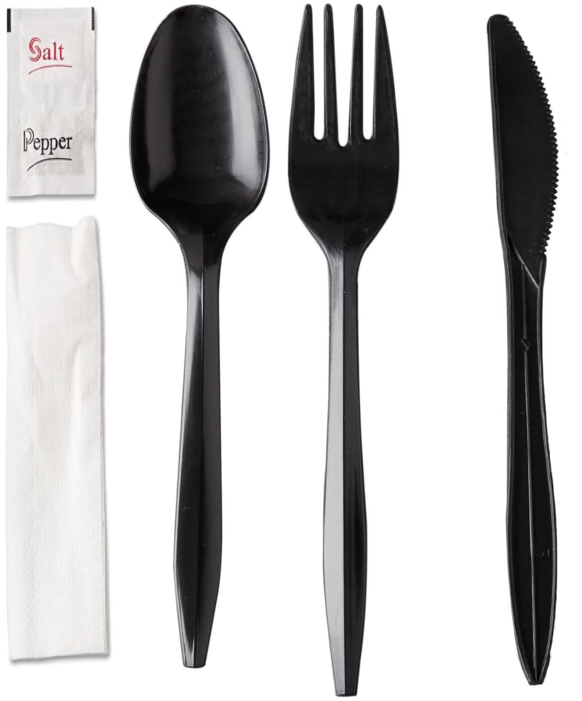 450 Plastic Cutlery Packets - Knife Fork Spoon Napkin Salt Pepper Sets | Black Plastic Silverware Sets Individually Wrapped Cutlery Kits, Bulk Utensil Cutlery Set Disposable To Go Silverware