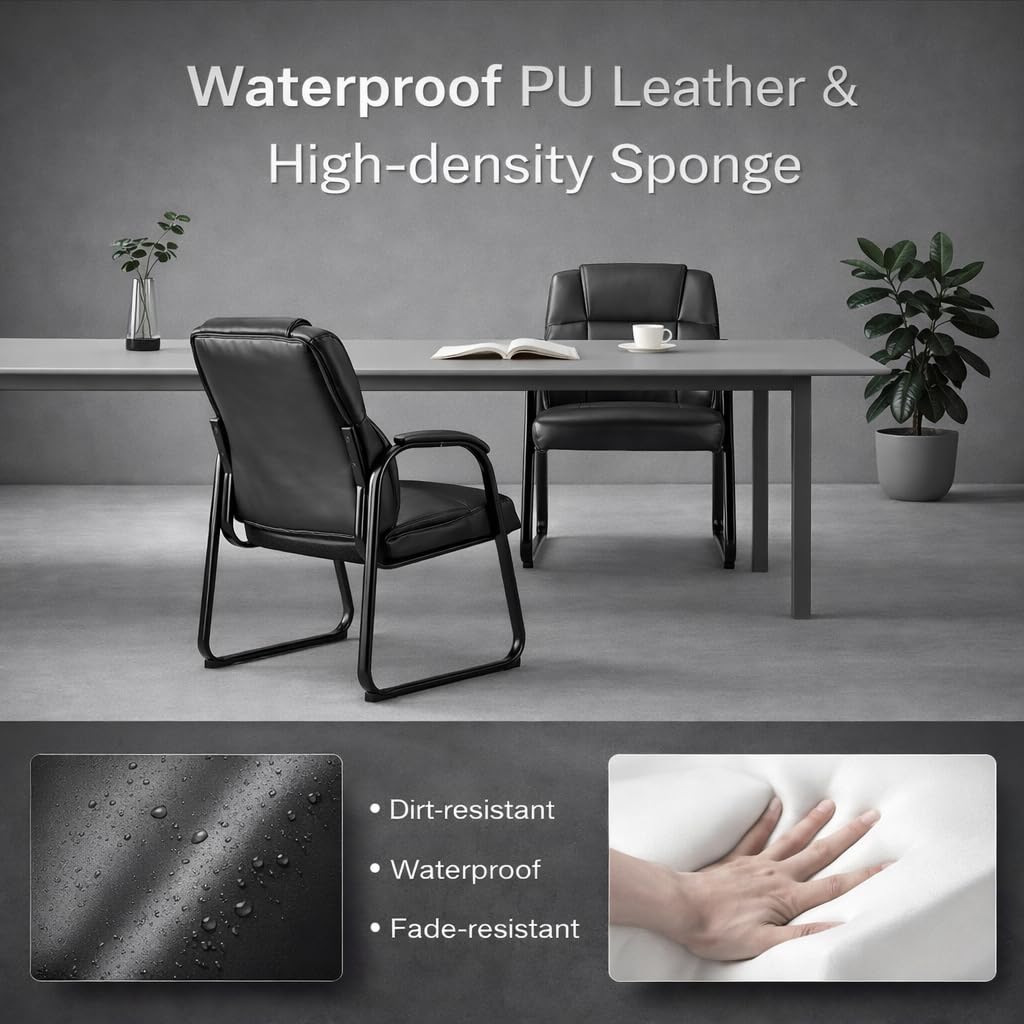 Zoolati Office Guest Chair, Leather Waiting Room Chair with Sled Base and Armrests, Reception Desk Chair No Wheels, Conference Room Chair for Office Lobby Clinic Home