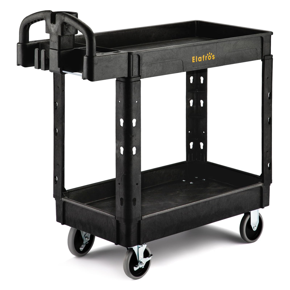 ELAFROS Utility Cart with Ergonomic Handle and Built-in Tool Compartments - 37.5" x 17" Work Cart W/Deep Shelves Safely Holds up to 550 lbs - 2 Tier Rolling Cart,Black