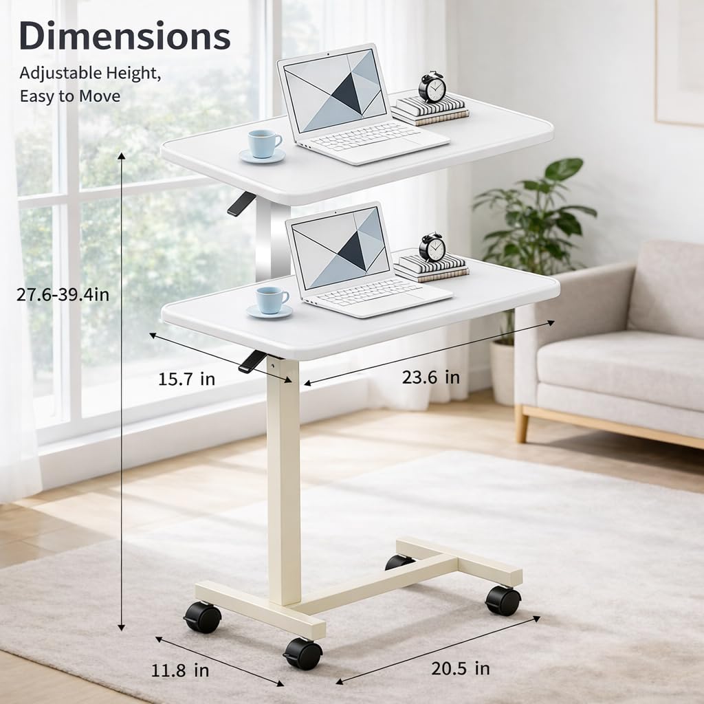 Premimax Adjustable Overbed Table with Wheels, Pneumatic Height Lift Rolling Bedside Table, Standing Desk for Home & Office Use, Ideal for Seniors & Limited Mobility(White)